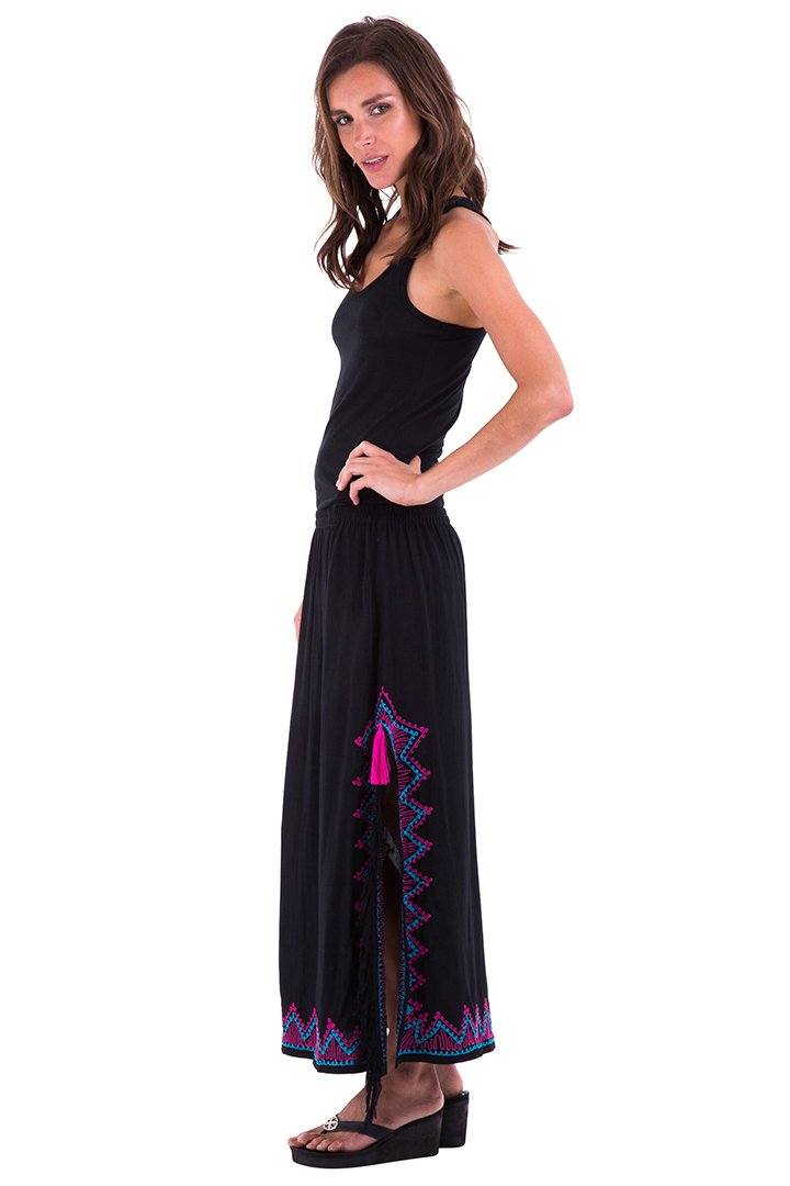 SHU - SHI Women's Long Boho Maxi Skirt with Embroidered Details and Side Slits - Love ShuShi