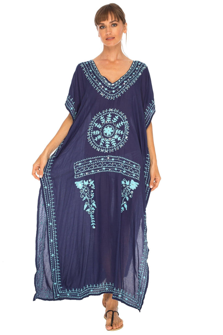 SHU - SHI Women's Long Kaftan Beach Dress - Ethnic Mandala Print Maxi Cover - Up - Love ShuShi