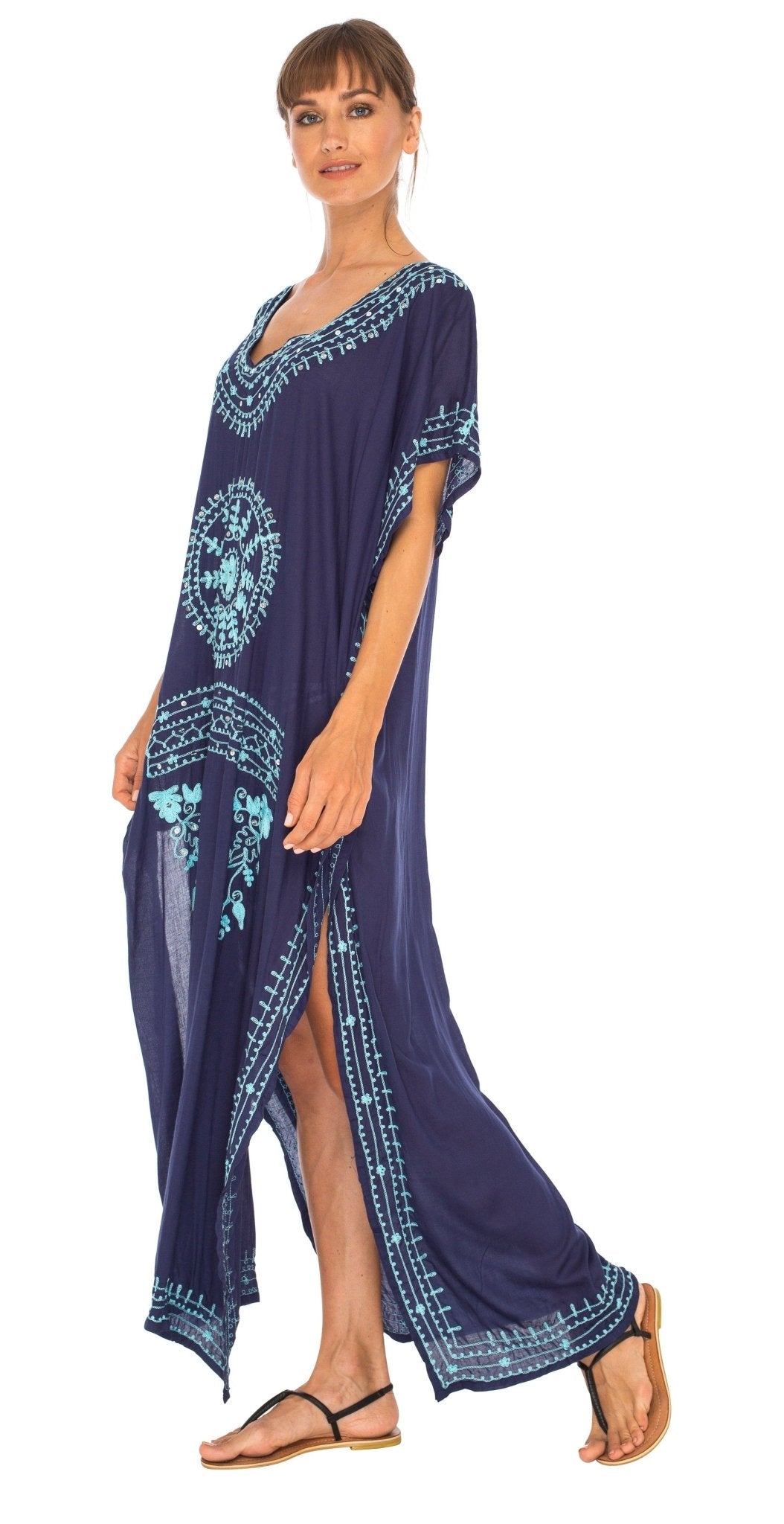 SHU - SHI Women's Long Kaftan Beach Dress - Ethnic Mandala Print Maxi Cover - Up - Love ShuShi