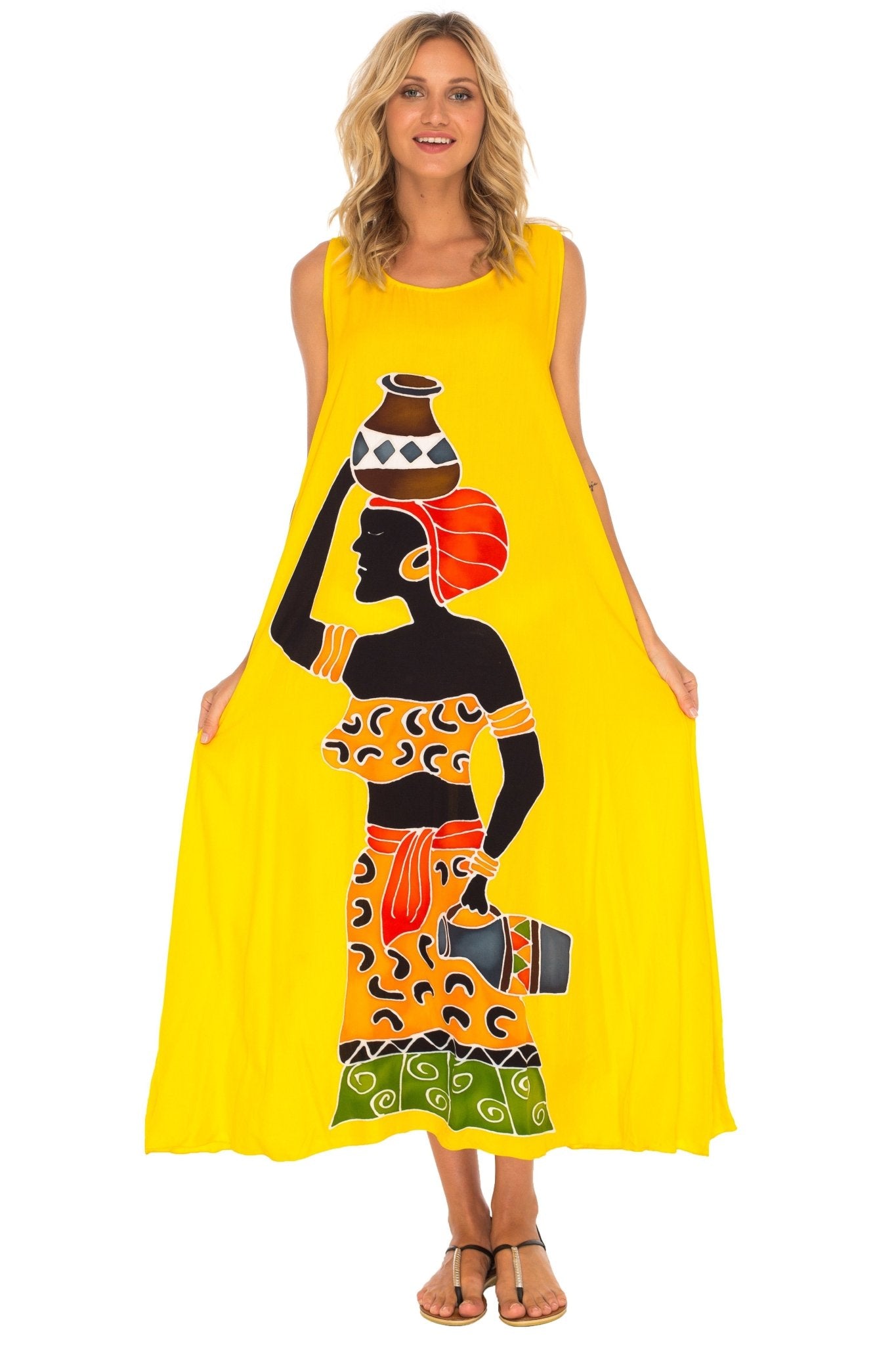 SHU - SHI Women's Loose Sleeveless Tank Dress - Casual Beach Cover - Up Sundress with Hand - Painted Tribal Design - Love ShuShi