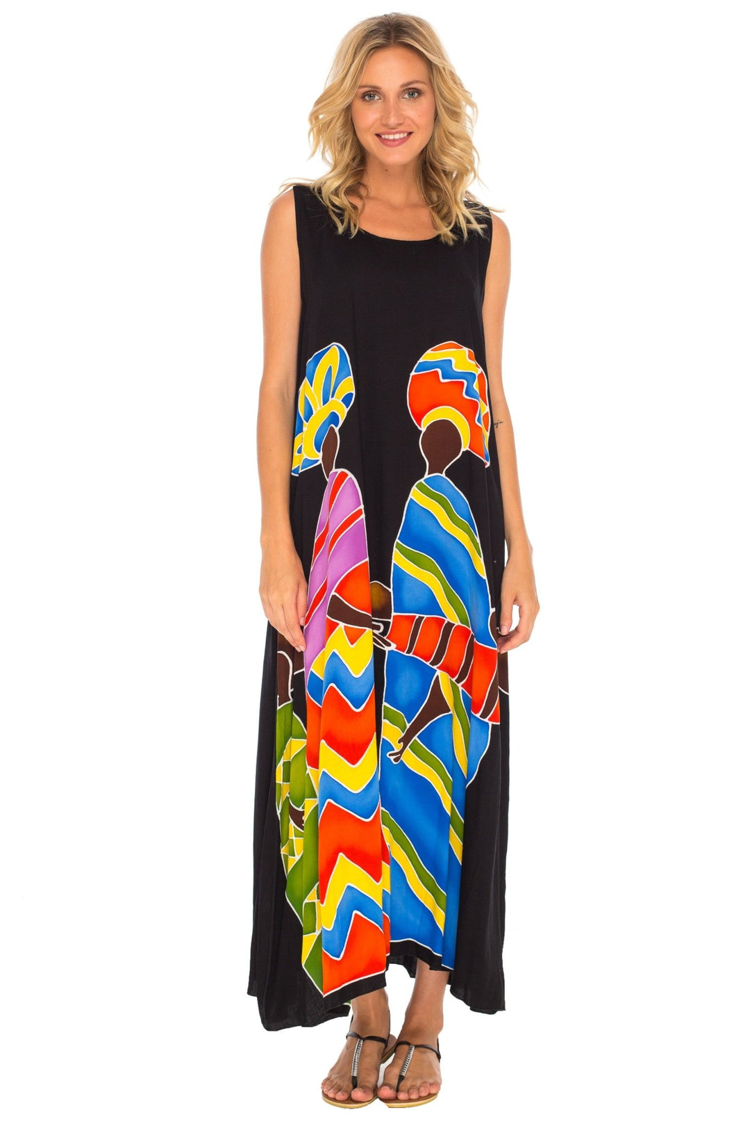 SHU - SHI Women's Loose Sleeveless Tank Dress - Casual Beach Cover - Up Sundress with Hand - Painted Tribal Design - Love ShuShi