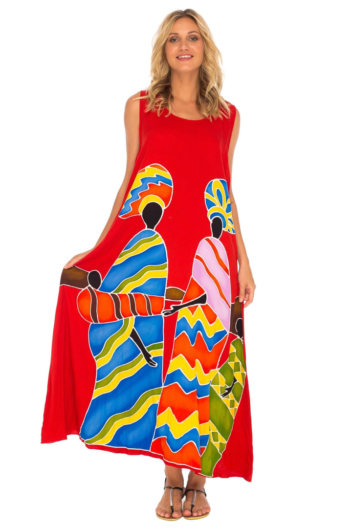 SHU - SHI Women's Loose Sleeveless Tank Dress - Casual Beach Cover - Up Sundress with Hand - Painted Tribal Design - Love ShuShi