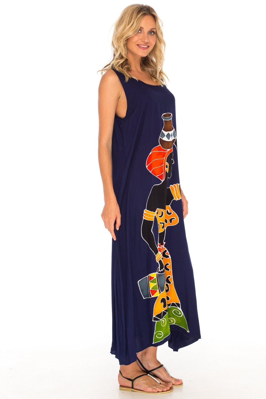 SHU - SHI Women's Loose Sleeveless Tank Dress - Casual Beach Cover - Up Sundress with Hand - Painted Tribal Design - Love ShuShi