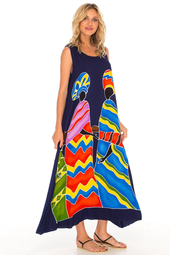 SHU - SHI Women's Loose Sleeveless Tank Dress - Casual Beach Cover - Up Sundress with Hand - Painted Tribal Design - Love ShuShi