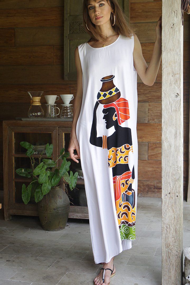 SHU - SHI Women's Loose Sleeveless Tank Dress - Casual Beach Cover - Up Sundress with Hand - Painted Tribal Design - Love ShuShi