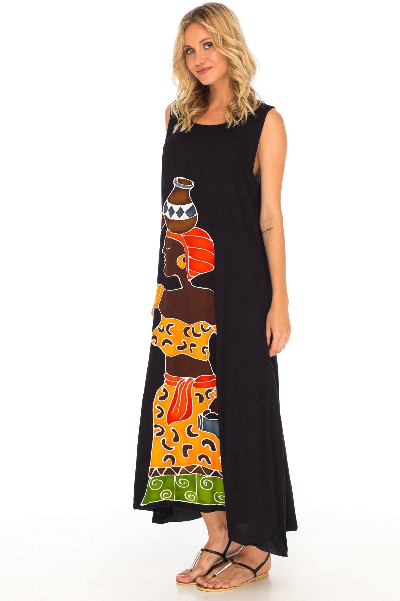 SHU - SHI Women's Loose Sleeveless Tank Dress - Casual Beach Cover - Up Sundress with Hand - Painted Tribal Design - Love ShuShi