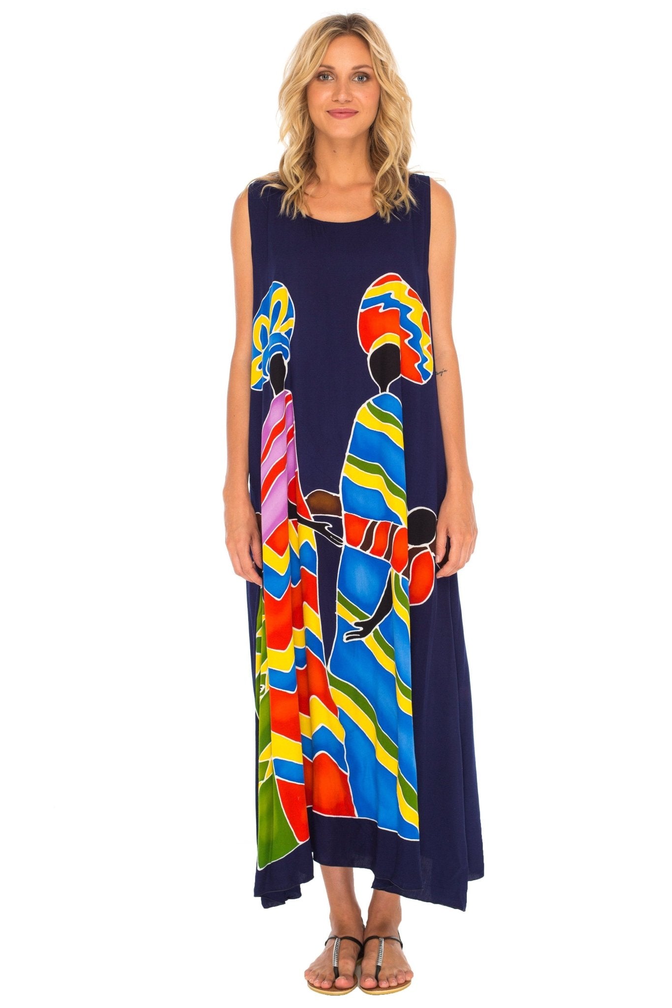 SHU - SHI Women's Loose Sleeveless Tank Dress - Casual Beach Cover - Up Sundress with Hand - Painted Tribal Design - Love ShuShi