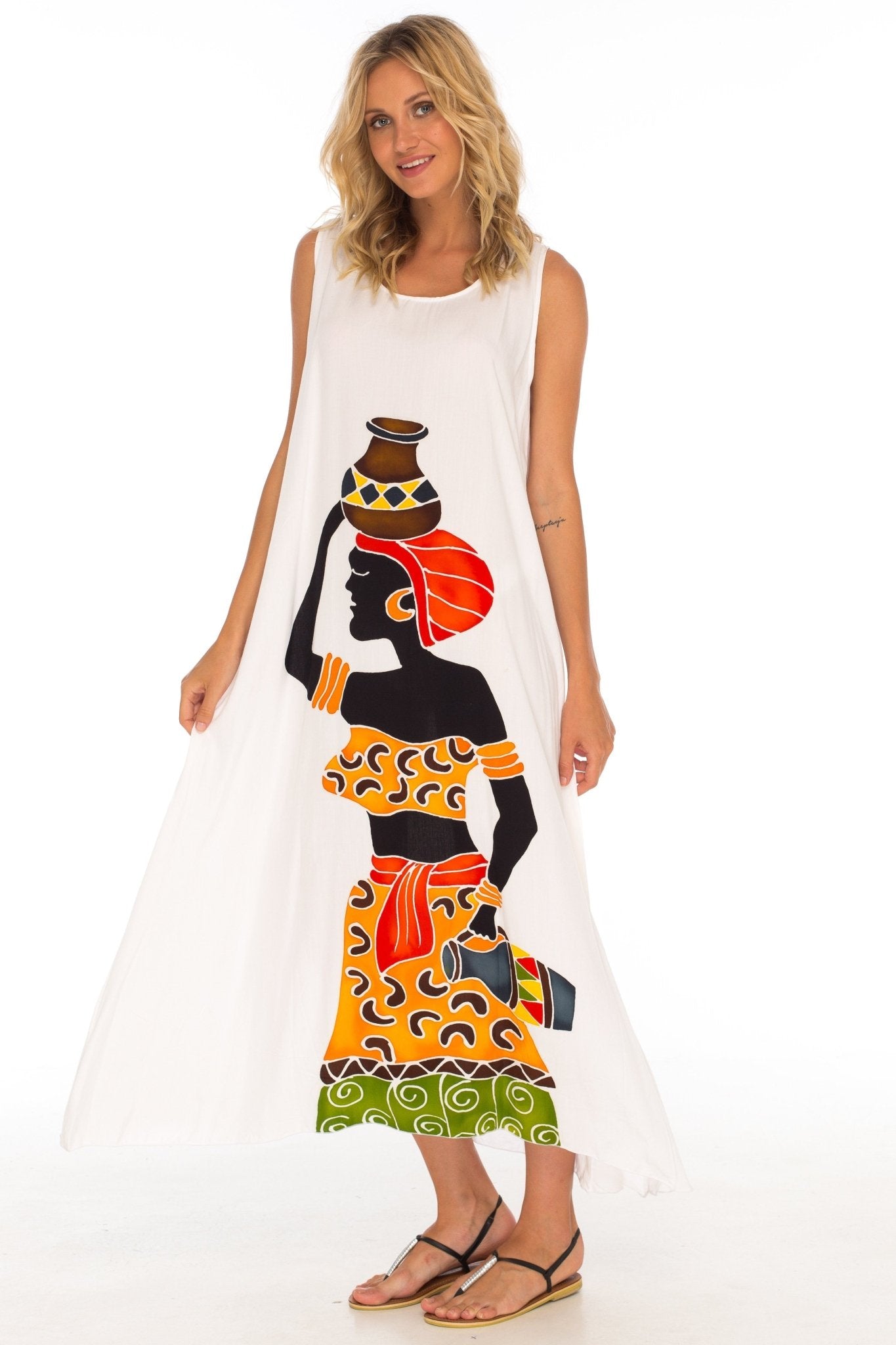 SHU - SHI Women's Loose Sleeveless Tank Dress - Casual Beach Cover - Up Sundress with Hand - Painted Tribal Design - Love ShuShi