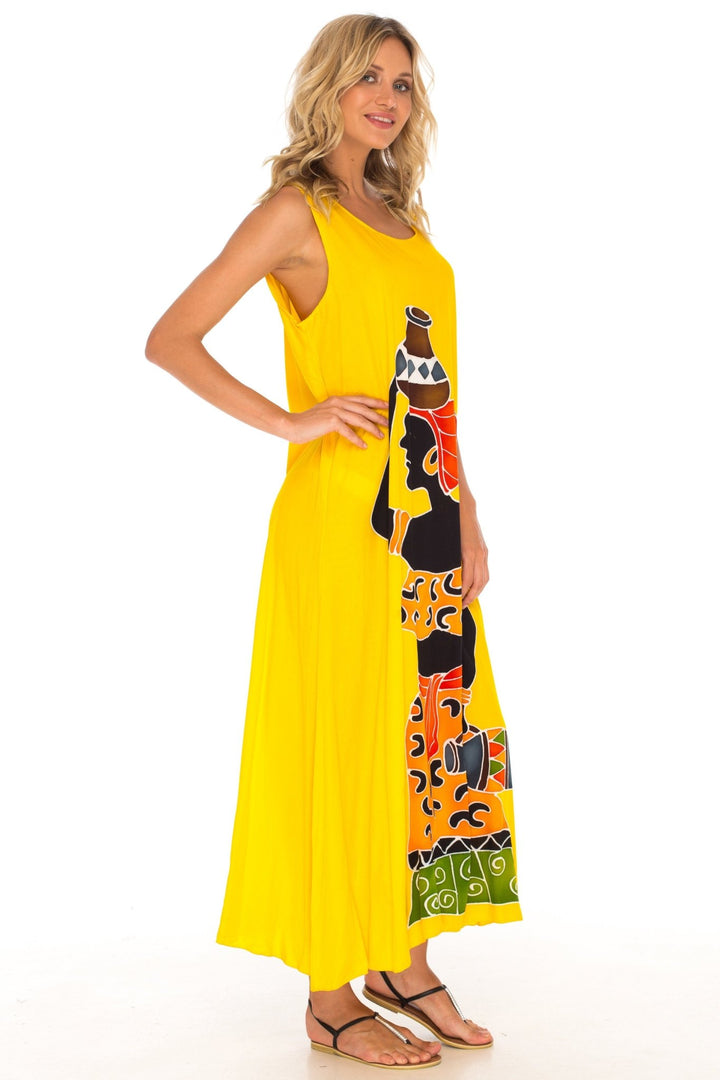 SHU - SHI Women's Loose Sleeveless Tank Dress - Casual Beach Cover - Up Sundress with Hand - Painted Tribal Design - Love ShuShi