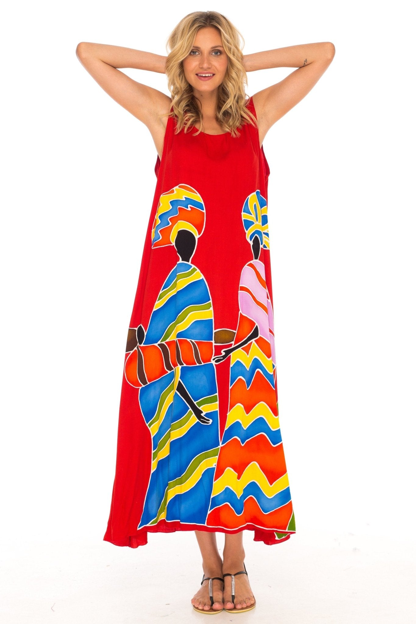 SHU - SHI Women's Loose Sleeveless Tank Dress - Casual Beach Cover - Up Sundress with Hand - Painted Tribal Design - Love ShuShi