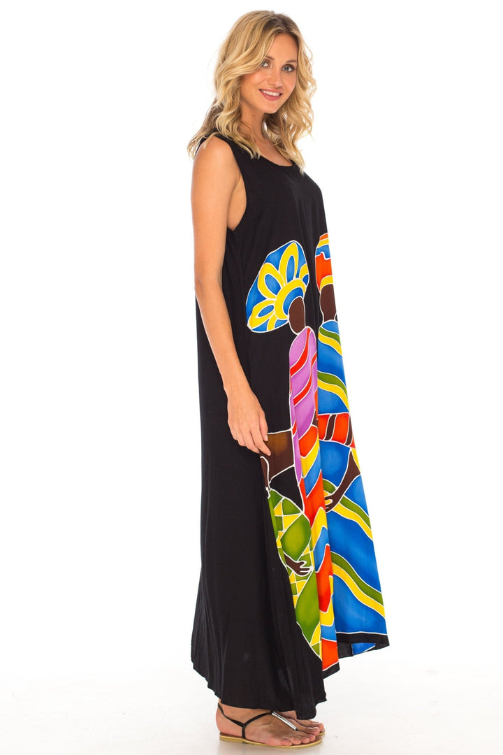 SHU - SHI Women's Loose Sleeveless Tank Dress - Casual Beach Cover - Up Sundress with Hand - Painted Tribal Design - Love ShuShi