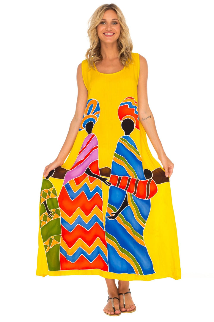 SHU - SHI Women's Loose Sleeveless Tank Dress - Casual Beach Cover - Up Sundress with Hand - Painted Tribal Design - Love ShuShi