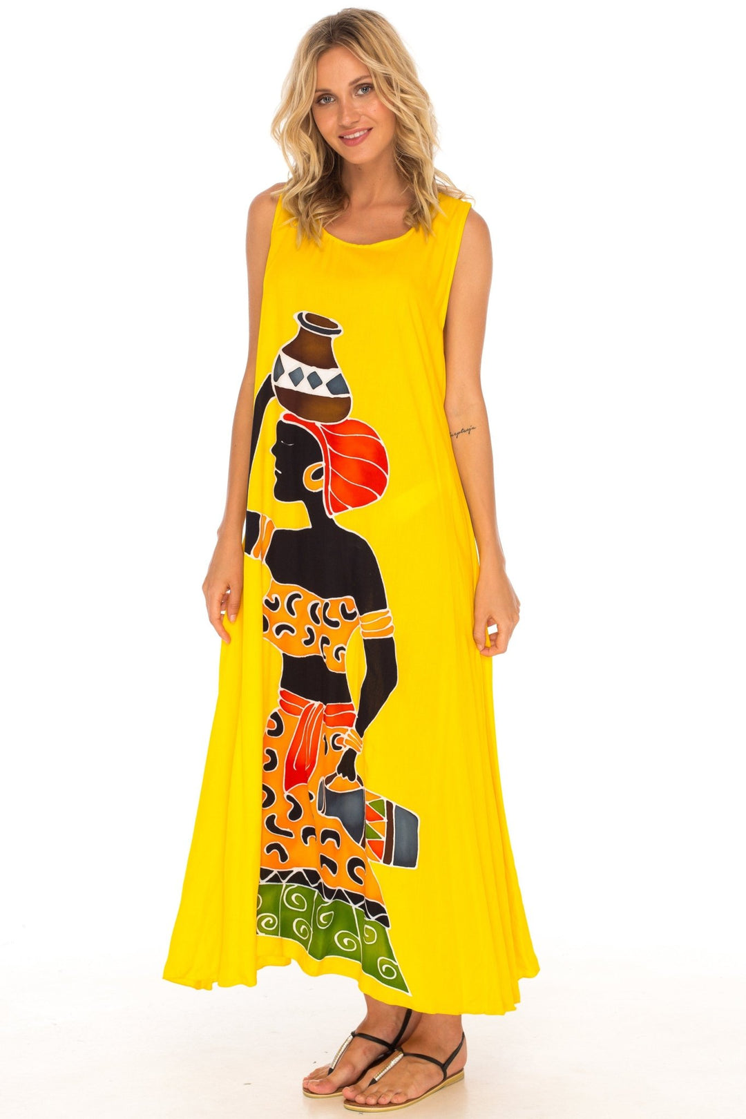 SHU - SHI Women's Loose Sleeveless Tank Dress - Casual Beach Cover - Up Sundress with Hand - Painted Tribal Design - Love ShuShi