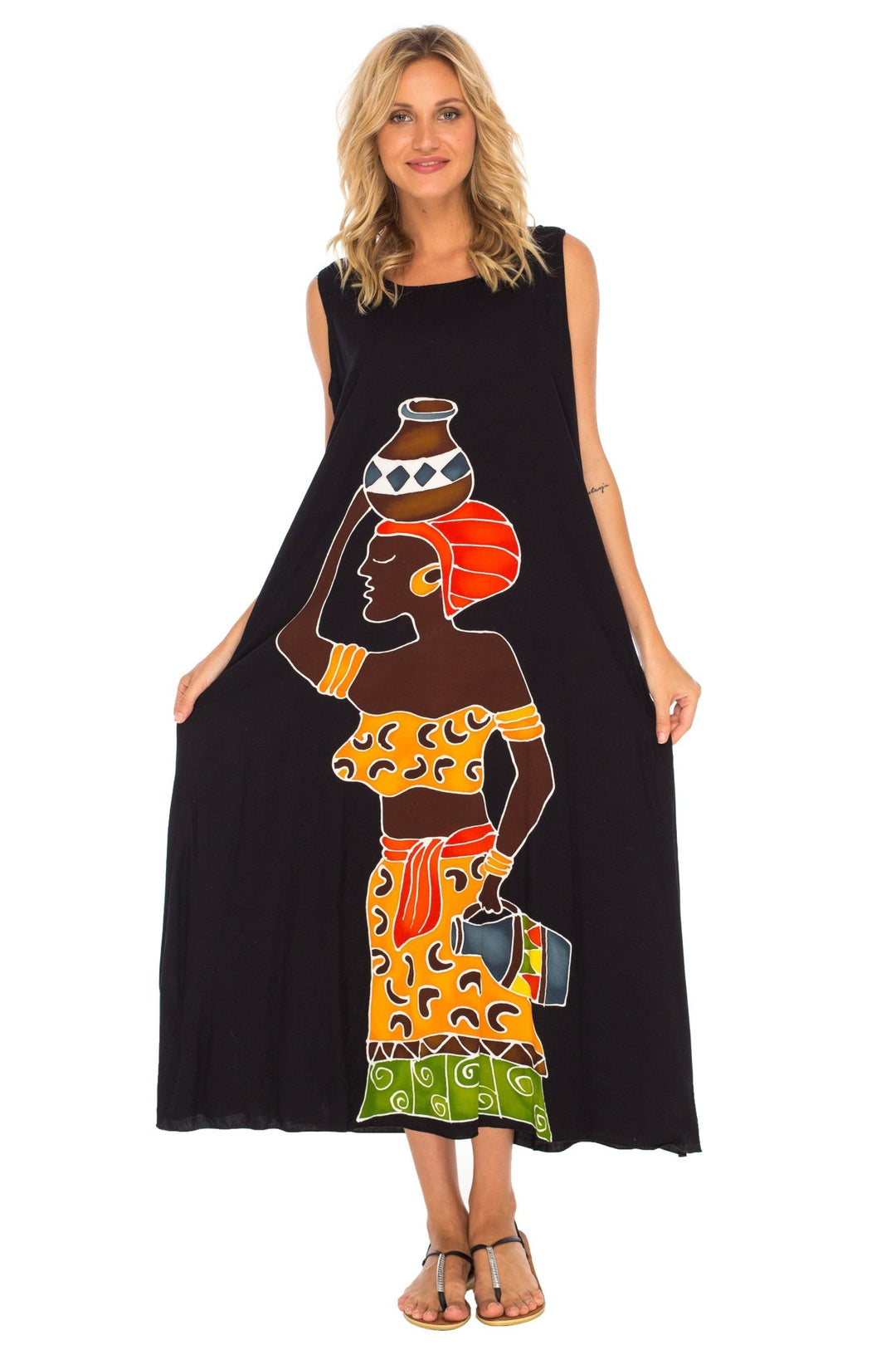 SHU - SHI Women's Loose Sleeveless Tank Dress - Casual Beach Cover - Up Sundress with Hand - Painted Tribal Design - Love ShuShi