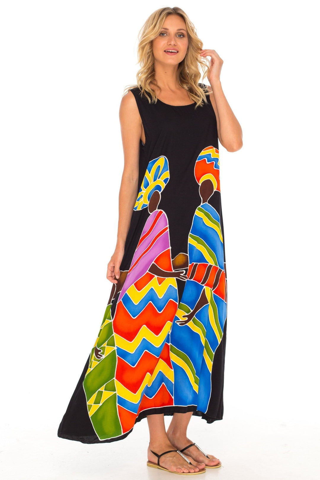 SHU - SHI Women's Loose Sleeveless Tank Dress - Casual Beach Cover - Up Sundress with Hand - Painted Tribal Design - Love ShuShi