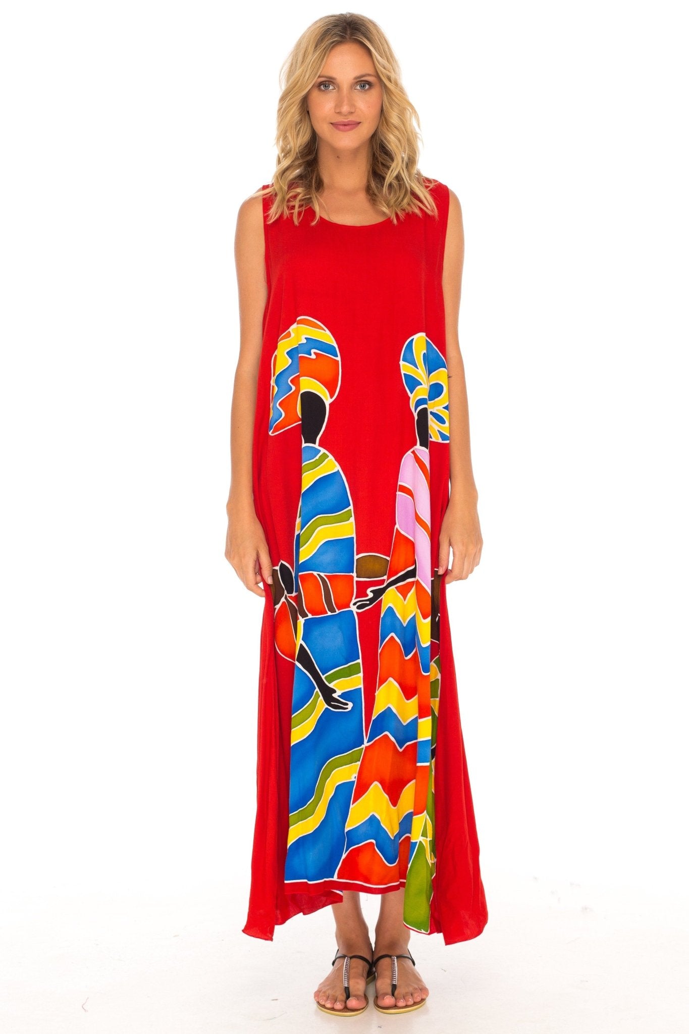 SHU - SHI Women's Loose Sleeveless Tank Dress - Casual Beach Cover - Up Sundress with Hand - Painted Tribal Design - Love ShuShi