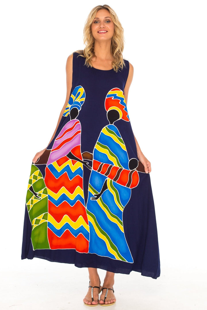 SHU - SHI Women's Loose Sleeveless Tank Dress - Casual Beach Cover - Up Sundress with Hand - Painted Tribal Design - Love ShuShi