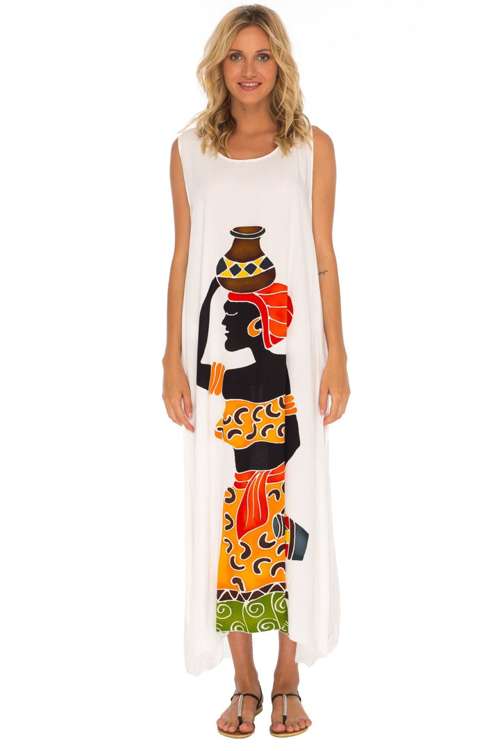 SHU - SHI Women's Loose Sleeveless Tank Dress - Casual Beach Cover - Up Sundress with Hand - Painted Tribal Design - Love ShuShi