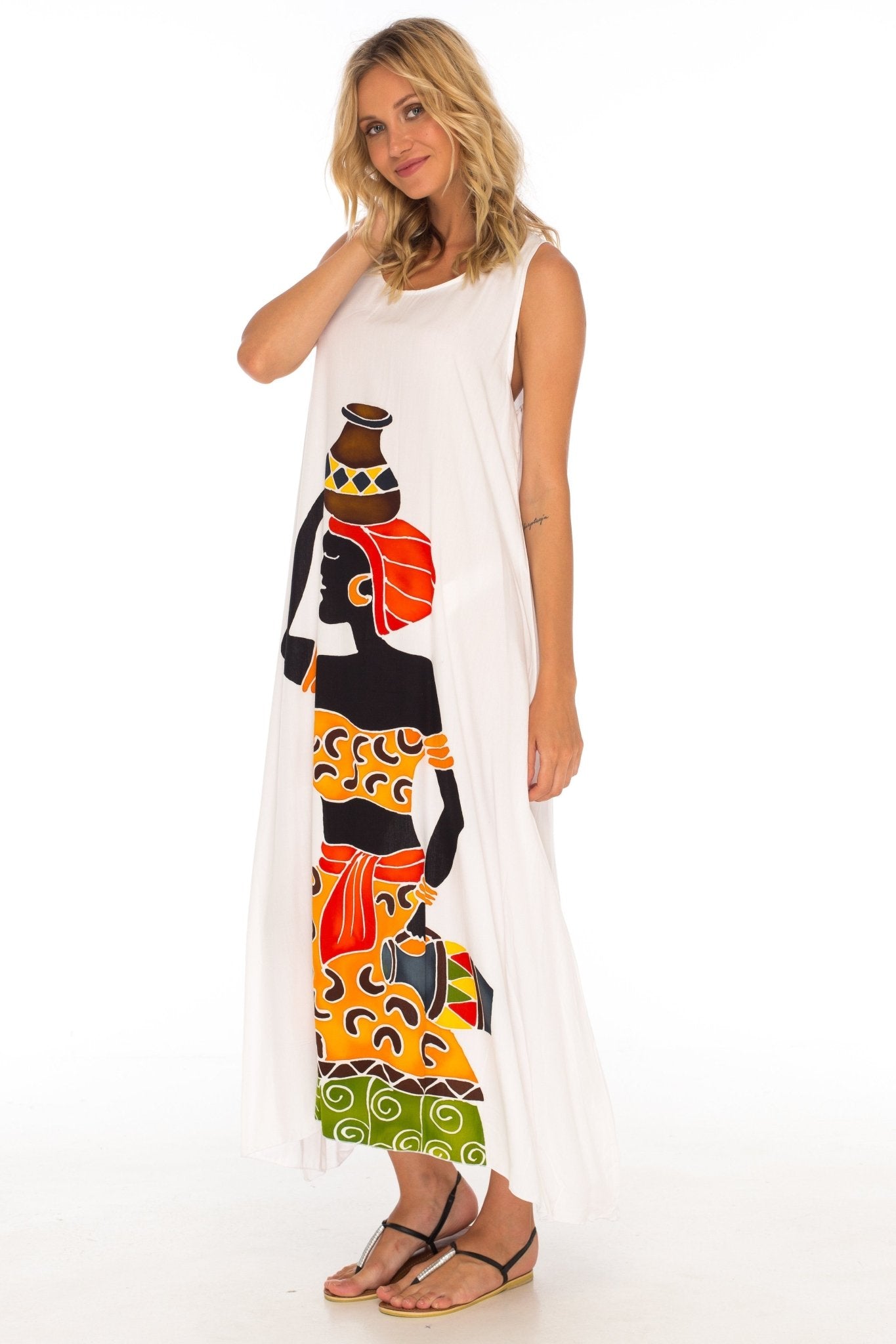 SHU - SHI Women's Loose Sleeveless Tank Dress - Casual Beach Cover - Up Sundress with Hand - Painted Tribal Design - Love ShuShi