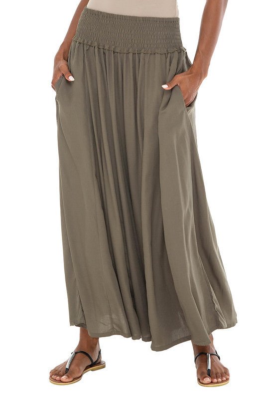 SHU - SHI Women's Palazzo Flowy Summer Pants - Wide Leg Lounge Trousers with Elastic Waist and Side Pockets - Olive - Love ShuShi