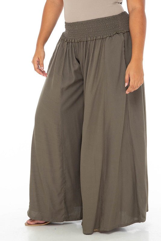 SHU - SHI Women's Palazzo Flowy Summer Pants - Wide Leg Lounge Trousers with Elastic Waist and Side Pockets - Olive - Love ShuShi