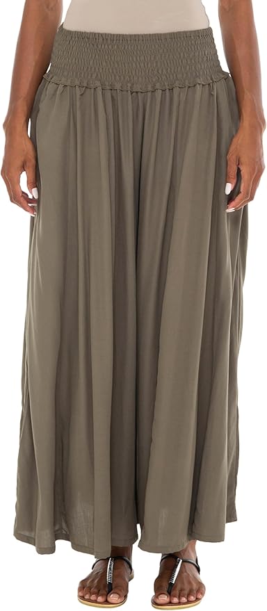 SHU - SHI Women's Palazzo Flowy Summer Pants - Wide Leg Lounge Trousers with Elastic Waist and Side Pockets - Olive - Love ShuShi