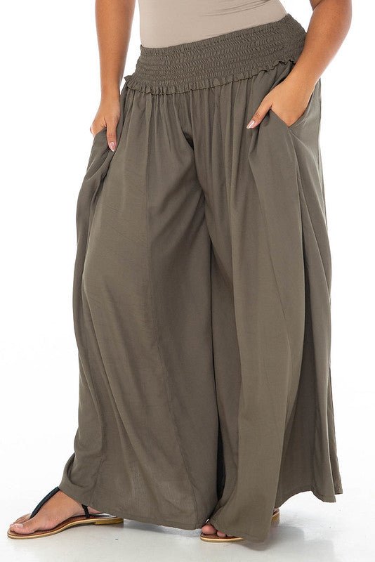 SHU - SHI Women's Palazzo Flowy Summer Pants - Wide Leg Lounge Trousers with Elastic Waist and Side Pockets - Olive - Love ShuShi