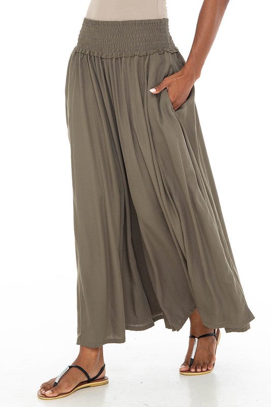 SHU - SHI Women's Palazzo Flowy Summer Pants - Wide Leg Lounge Trousers with Elastic Waist and Side Pockets - Olive - Love ShuShi