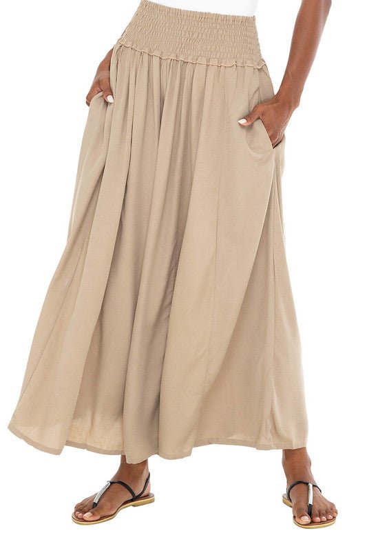 SHU - SHI Women's Palazzo Flowy Summer Pants - Wide Leg Lounge Trousers with Elastic Waist and Side Pockets - Tan - Love ShuShi