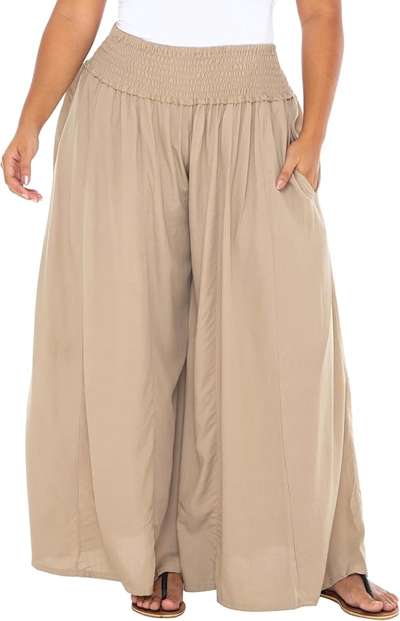 SHU - SHI Women's Palazzo Flowy Summer Pants - Wide Leg Lounge Trousers with Elastic Waist and Side Pockets - Tan - Love ShuShi