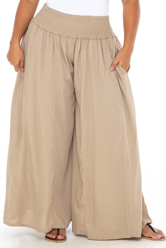 SHU - SHI Women's Palazzo Flowy Summer Pants - Wide Leg Lounge Trousers with Elastic Waist and Side Pockets - Tan - Love ShuShi