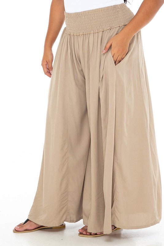 SHU - SHI Women's Palazzo Flowy Summer Pants - Wide Leg Lounge Trousers with Elastic Waist and Side Pockets - Tan - Love ShuShi