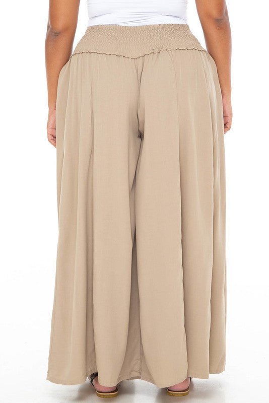 SHU - SHI Women's Palazzo Flowy Summer Pants - Wide Leg Lounge Trousers with Elastic Waist and Side Pockets - Tan - Love ShuShi