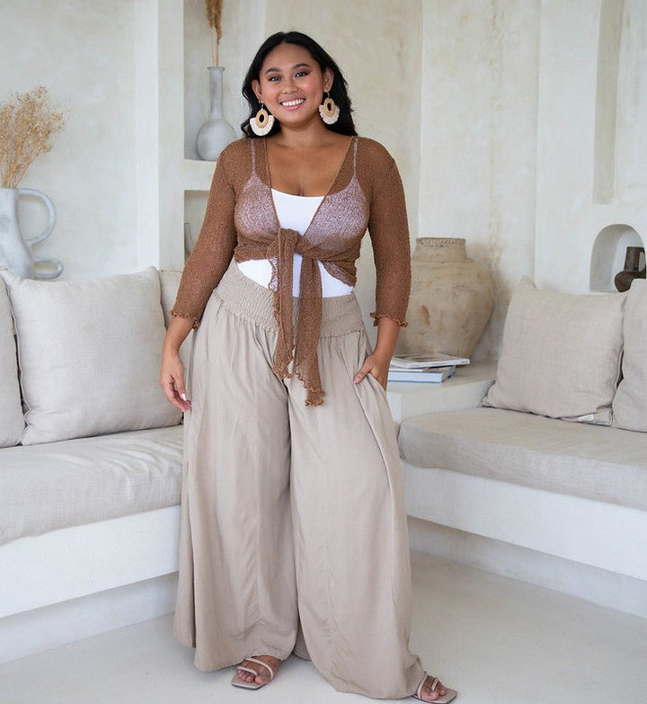 SHU - SHI Women's Palazzo Flowy Summer Pants - Wide Leg Lounge Trousers with Elastic Waist and Side Pockets - Tan - Love ShuShi