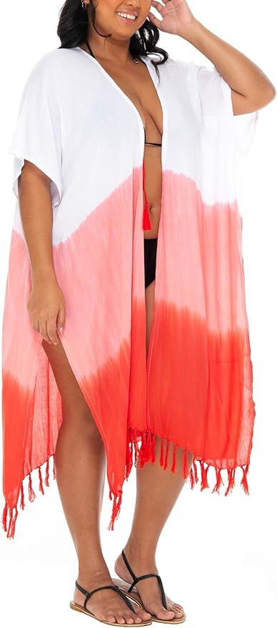 SHU - SHI Womens Plus Size Kimono Cardigan Fringe Ombre Swimwear Extra Wide Flowy Robe Beach Open Front Fits L - XXL - Love ShuShi