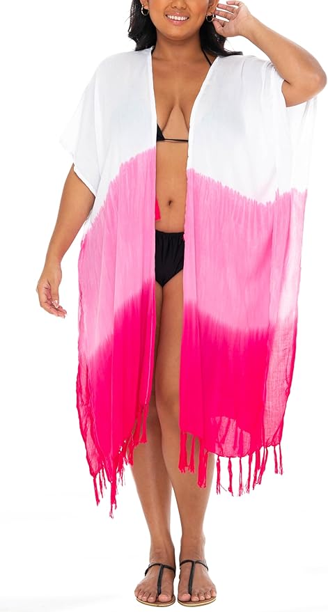 SHU - SHI Womens Plus Size Kimono Cardigan Fringe Ombre Swimwear Extra Wide Flowy Robe Beach Open Front Fits L - XXL - Love ShuShi