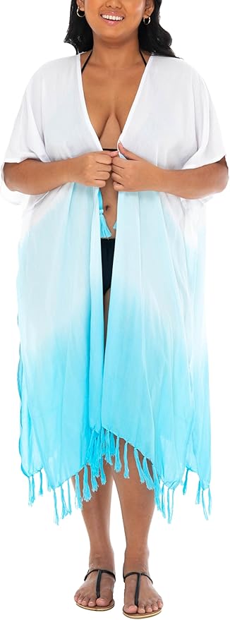 SHU - SHI Womens Plus Size Kimono Cardigan Fringe Ombre Swimwear Extra Wide Flowy Robe Beach Open Front Fits L - XXL - Love ShuShi