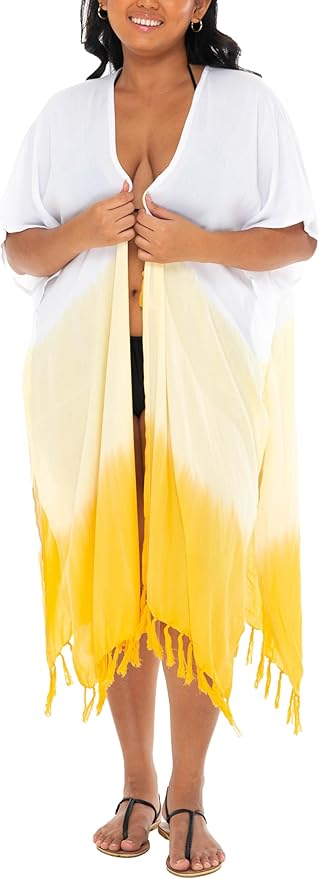 SHU - SHI Womens Plus Size Kimono Cardigan Fringe Ombre Swimwear Extra Wide Flowy Robe Beach Open Front Fits L - XXL - Love ShuShi