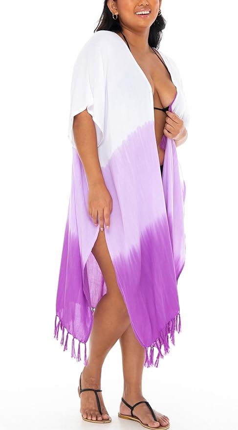 SHU - SHI Womens Plus Size Kimono Cardigan Fringe Ombre Swimwear Extra Wide Flowy Robe Beach Open Front Fits L - XXL - Love ShuShi