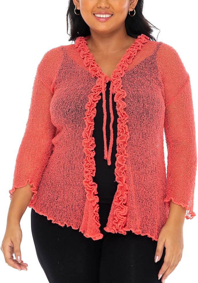 SHU - SHI Womens Plus Size Ruffle Shrug Shrug Tie Top Open Front Cardigan Lightweight Knit XL 2X 3X 4X Bolero Sweater - Love ShuShi