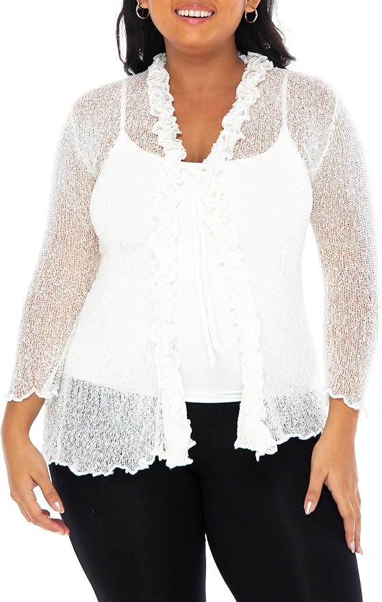 SHU - SHI Womens Plus Size Ruffle Shrug Shrug Tie Top Open Front Cardigan Lightweight Knit XL 2X 3X 4X Bolero Sweater - Love ShuShi