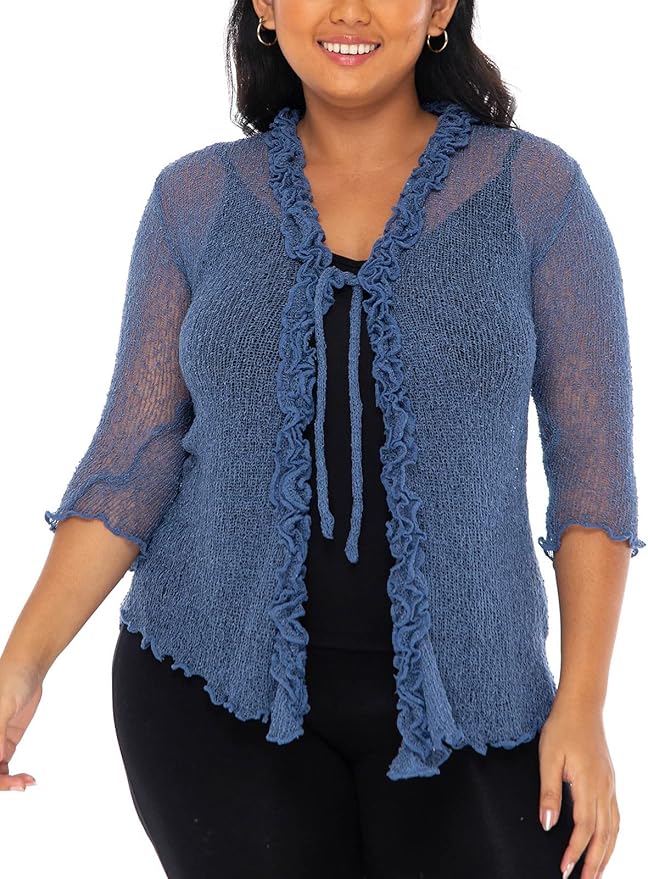 SHU - SHI Womens Plus Size Ruffle Shrug Shrug Tie Top Open Front Cardigan Lightweight Knit XL 2X 3X 4X Bolero Sweater - Love ShuShi