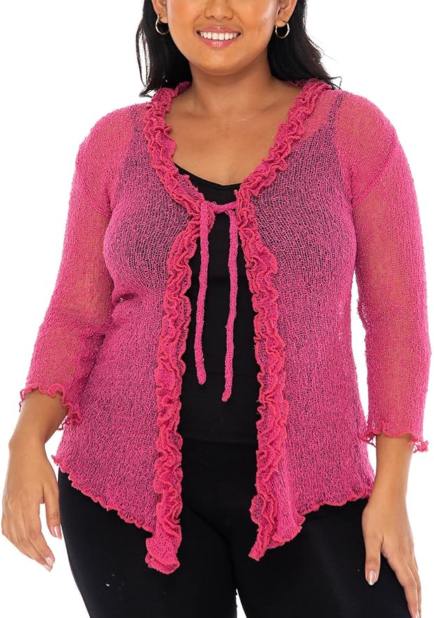 SHU - SHI Womens Plus Size Ruffle Shrug Shrug Tie Top Open Front Cardigan Lightweight Knit XL 2X 3X 4X Bolero Sweater - Love ShuShi