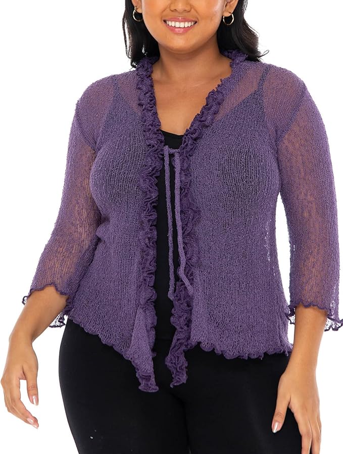 SHU - SHI Womens Plus Size Ruffle Shrug Shrug Tie Top Open Front Cardigan Lightweight Knit XL 2X 3X 4X Bolero Sweater - Love ShuShi