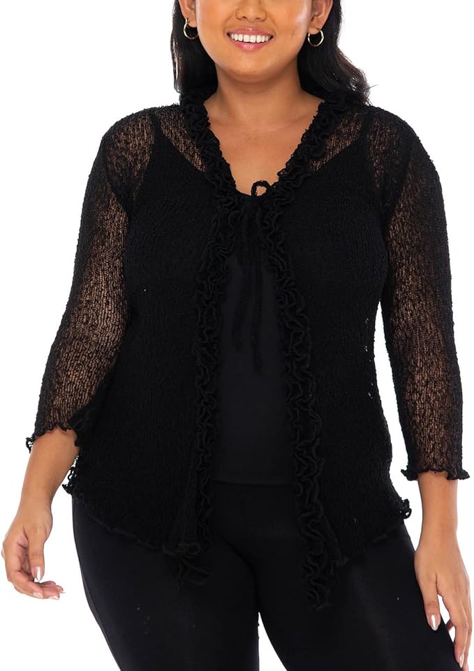 SHU - SHI Womens Plus Size Ruffle Shrug Shrug Tie Top Open Front Cardigan Lightweight Knit XL 2X 3X 4X Bolero Sweater - Love ShuShi