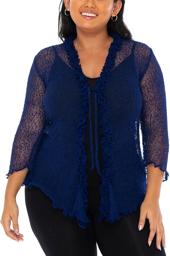 SHU - SHI Womens Plus Size Ruffle Shrug Shrug Tie Top Open Front Cardigan Lightweight Knit XL 2X 3X 4X Bolero Sweater - Love ShuShi