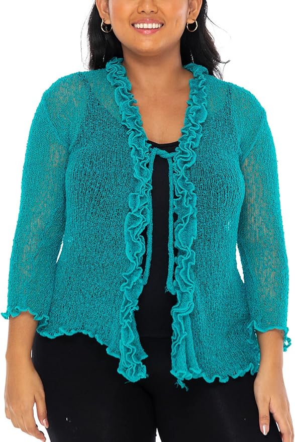 SHU - SHI Womens Plus Size Ruffle Shrug Shrug Tie Top Open Front Cardigan Lightweight Knit XL 2X 3X 4X Bolero Sweater - Love ShuShi