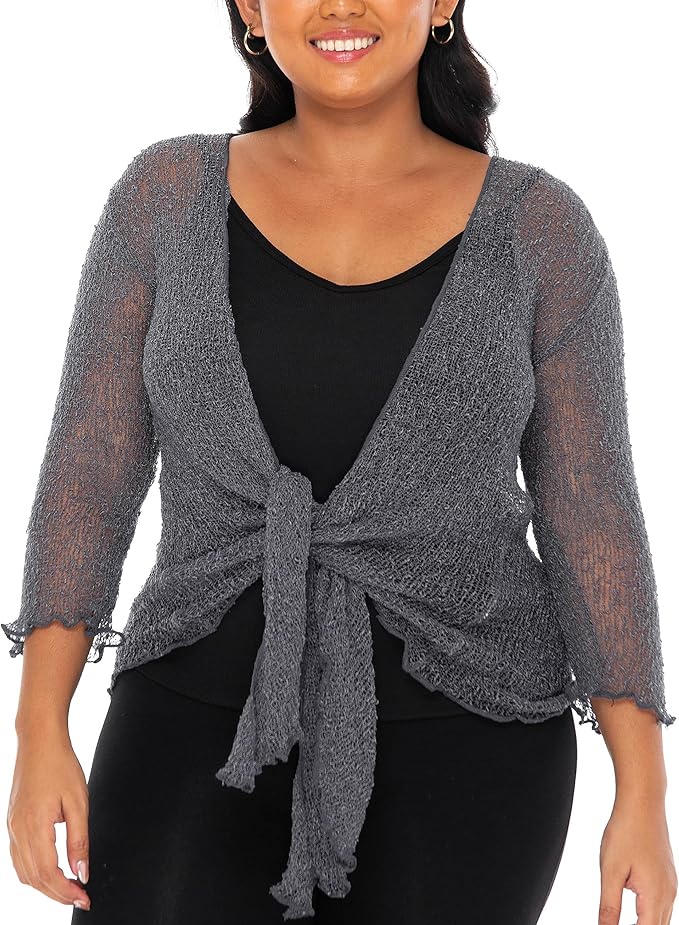 SHU - SHI Womens Plus Size Sheer Shrug Tie Top Open Front Cardigan Lightweight Knit Bolero XL 2X 3X 4X - Love ShuShi