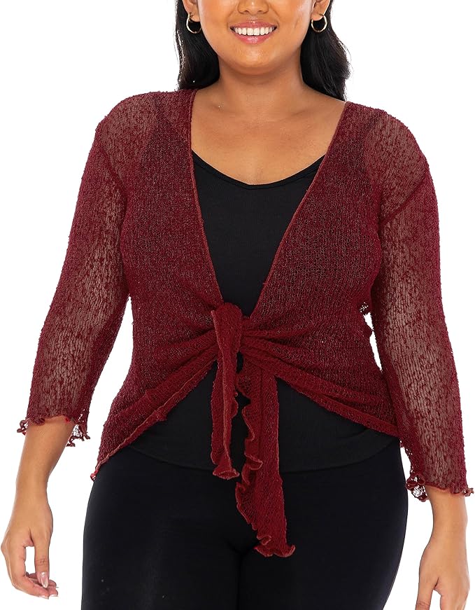 SHU - SHI Womens Plus Size Sheer Shrug Tie Top Open Front Cardigan Lightweight Knit Bolero XL 2X 3X 4X - Love ShuShi