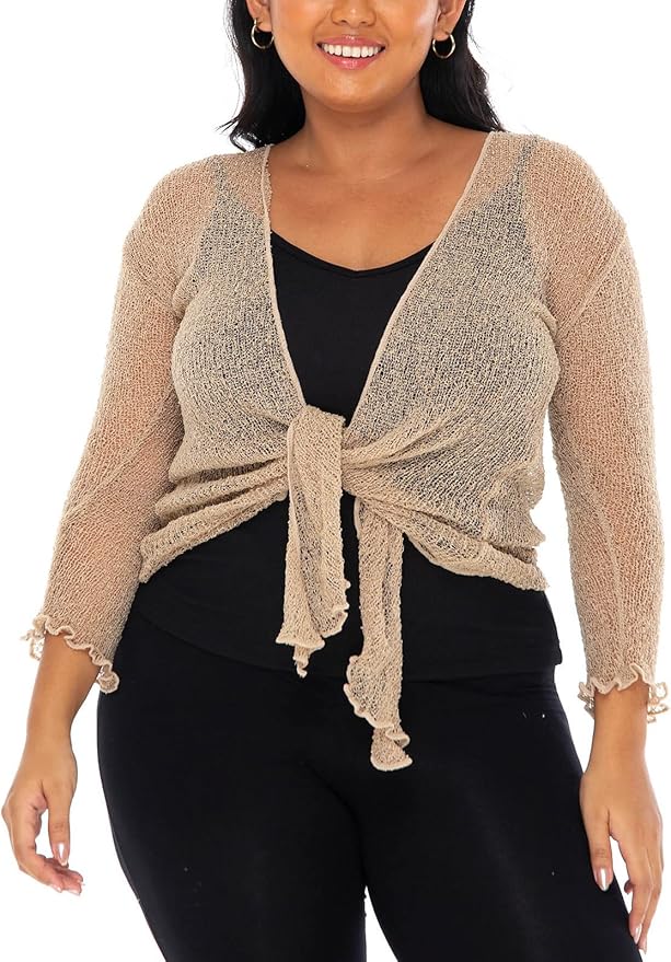 SHU - SHI Womens Plus Size Sheer Shrug Tie Top Open Front Cardigan Lightweight Knit Bolero XL 2X 3X 4X - Love ShuShi